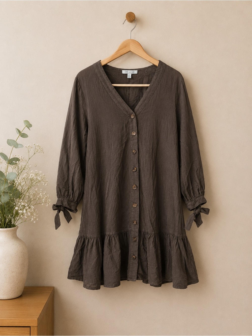 She + Sky Army Green Button Peasant Cottagecore coastal cowgirl Dress, SMALL